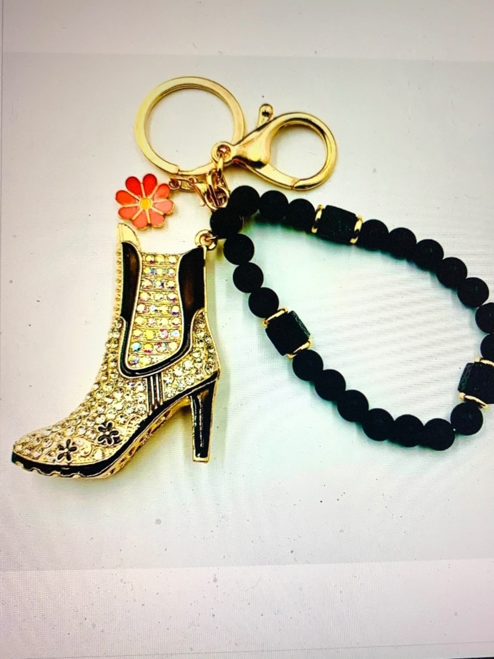 Western bling high heel boot pink black & gold-tone keychain/bracelet bag charm